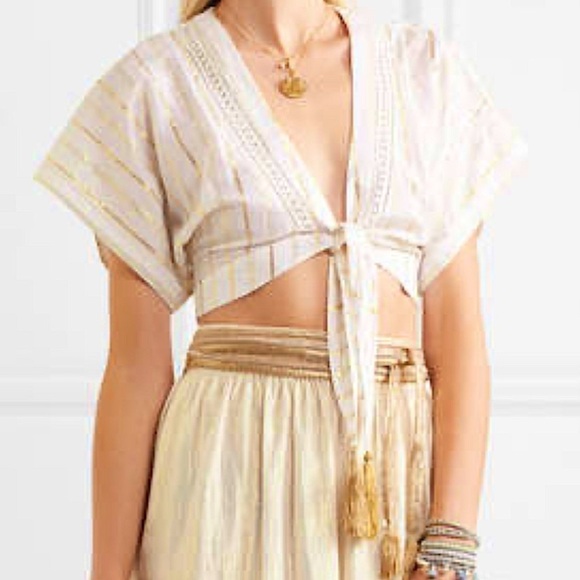 Miguelina Saanchi Cropped Striped Metallic Cotton Gauze Tie Front Tassel Top‎ S - Picture 2 of 11